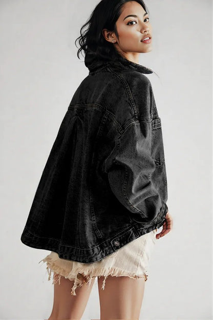Black Washed Oversize Pocketed Denim Jacket