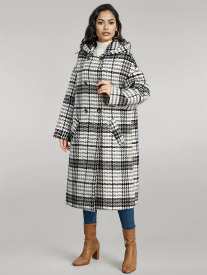 Plaid Double - Breasted Long Sleeve Longline Coat - coat - Trendsi - Black - XL - 100100088199087