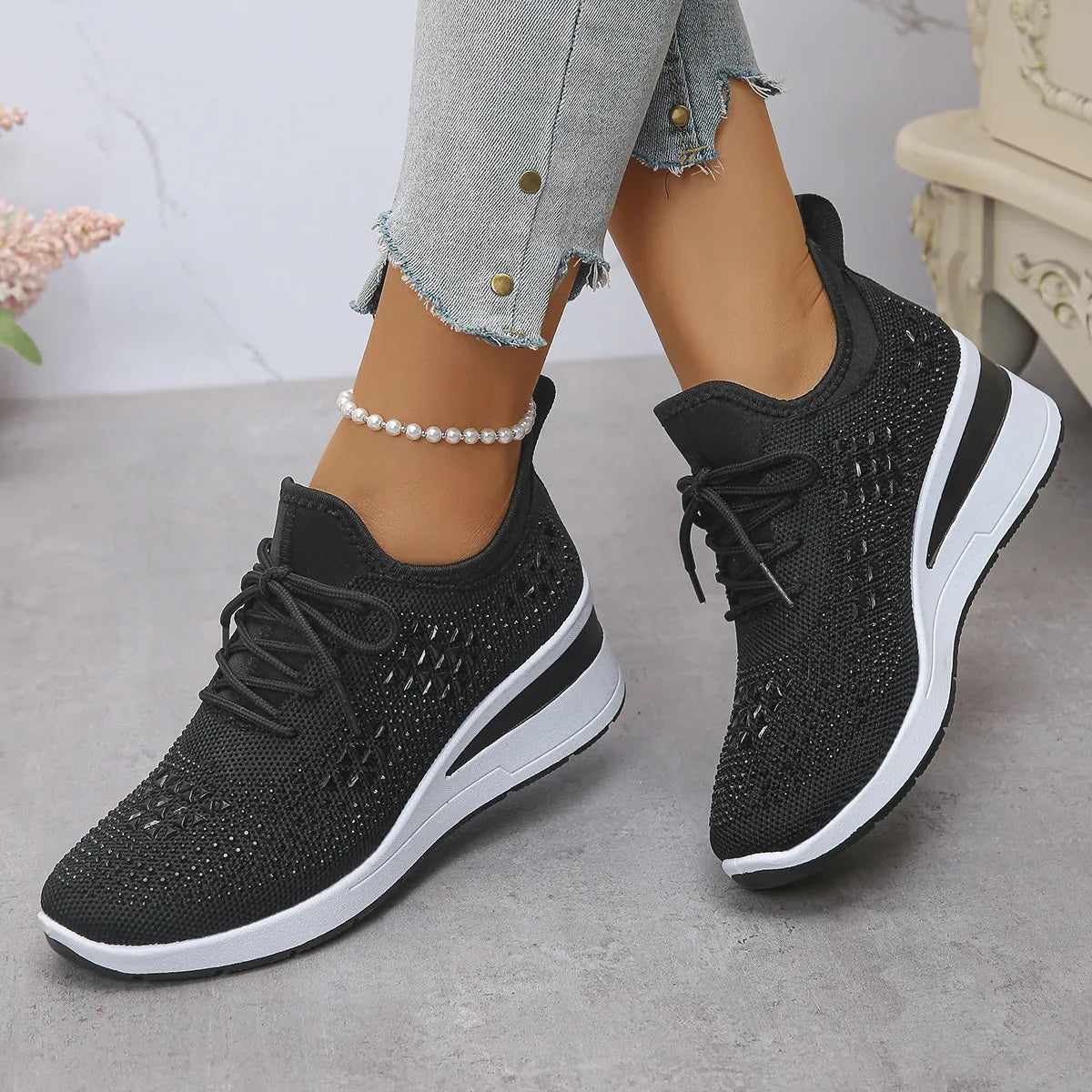 Breathable Mesh Rhinestone Wedge Athletic Sneakers Black