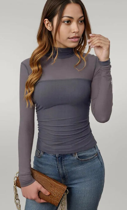 Mock Neck Long Sleeve Top Gray Blue