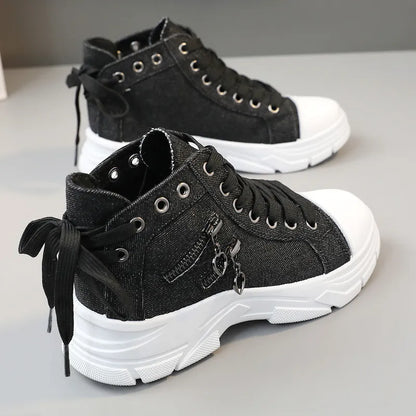 Decor Zipper Lace Up Round Toe Platform Sneakers Black