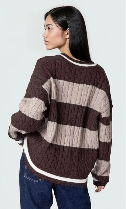 Striped Cable Knit V-Neck Sweater