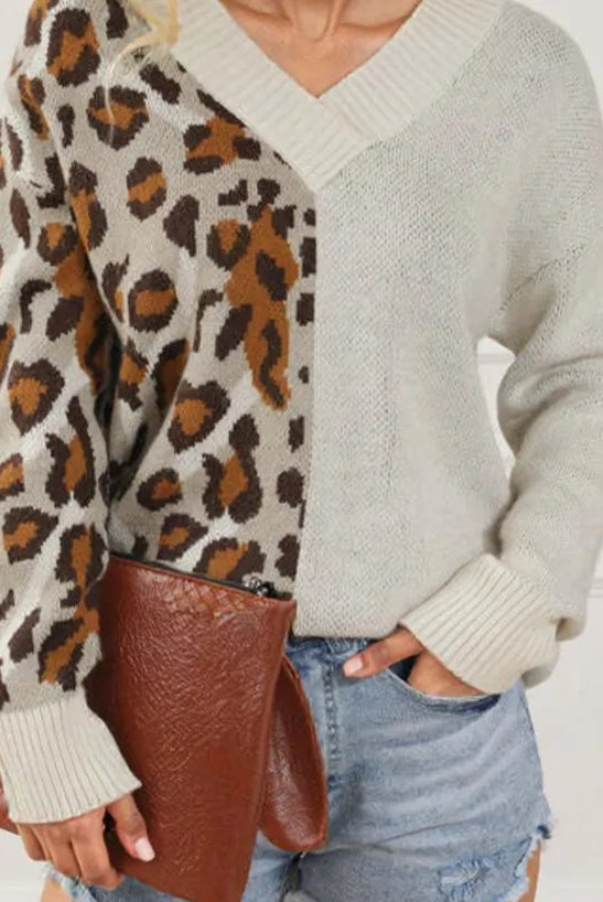 Leopard V Neck Drop Shoulder Sweater