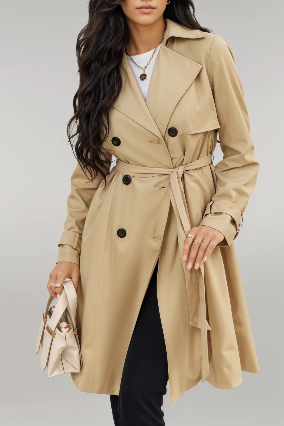 Pale Khaki Solid Color Lapel Collar Waist Tie Wind Coat - Outerwear/Coats - Dear - Lover - Pale Khaki - 2XL - 100%Polyester - LC859234 - P5016 - 2XL