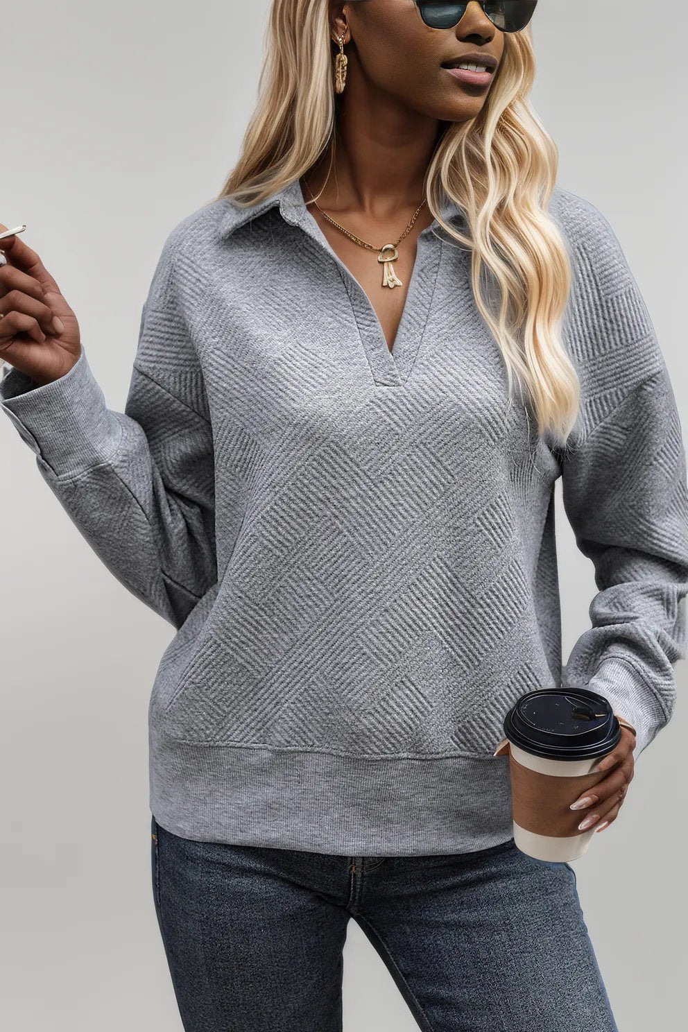 Perfee Textured Dropped Shoulder Johnny Collar Sweatshirt