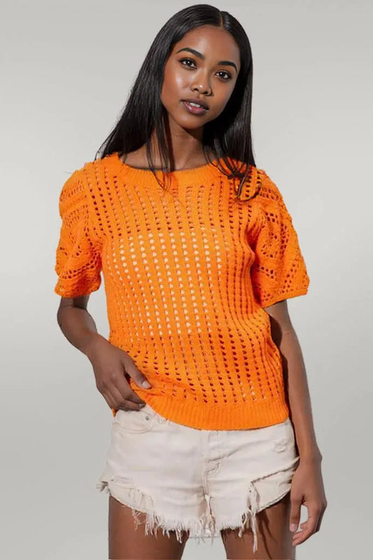 BiBi Crochet Knit Cover Up With Puff Sleeves