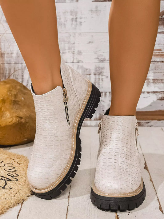 Round Toe Side Zip Ankle Boots Ivory