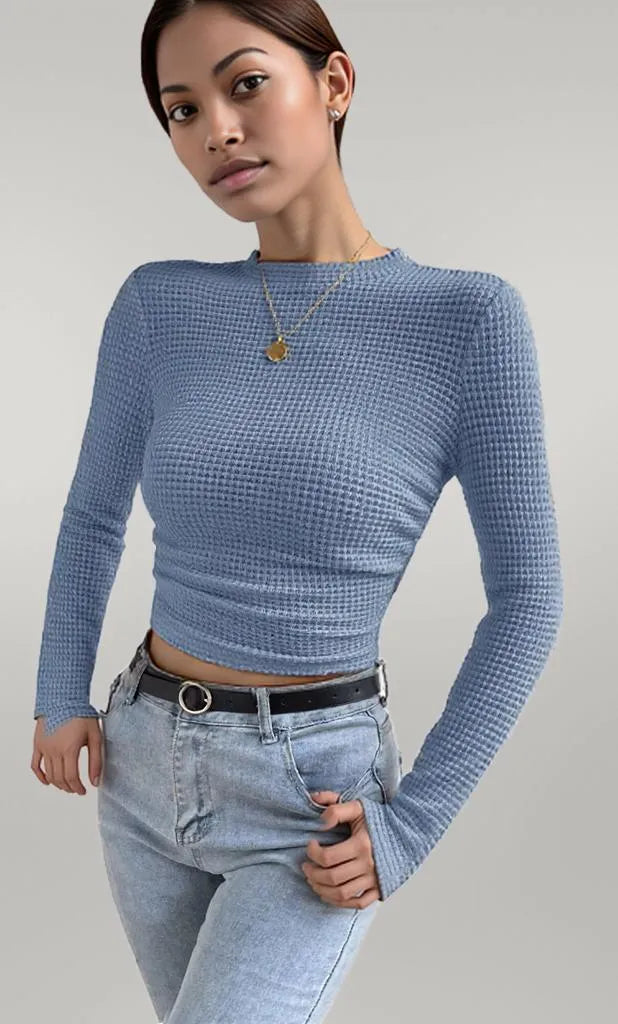 Waffle Knit Long Sleeve T-Shirt Light Blue