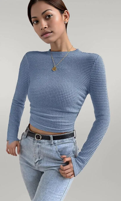 Waffle Knit Long Sleeve T-Shirt Light Blue