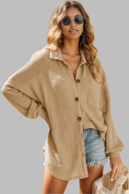 Waffle-Knit Collared Neck Dropped Shoulder Shirt Sand