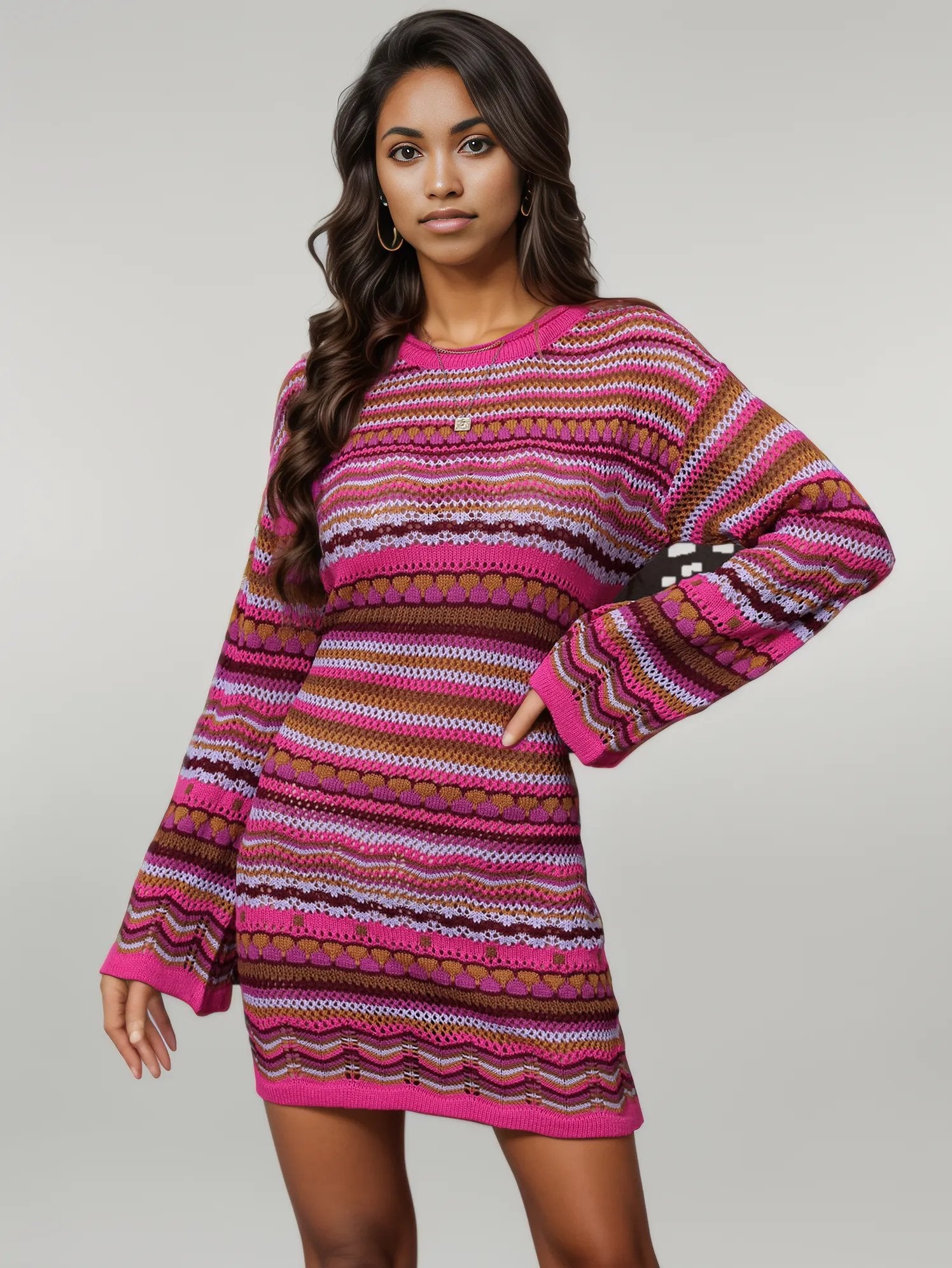 Angel Wings Multicolored Stripe Dropped Shoulder Sweater Dress Fuchsia