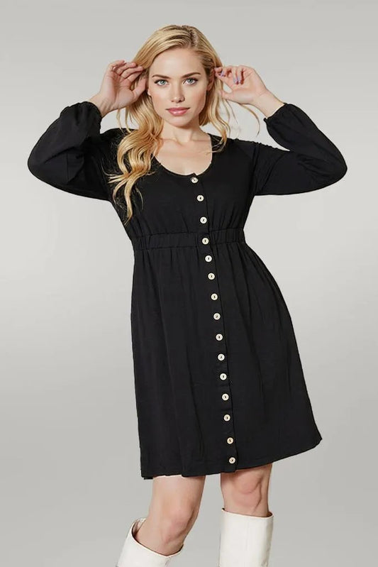 Double Take Scoop Neck Empire Waist Long Sleeve Magic Dress Black