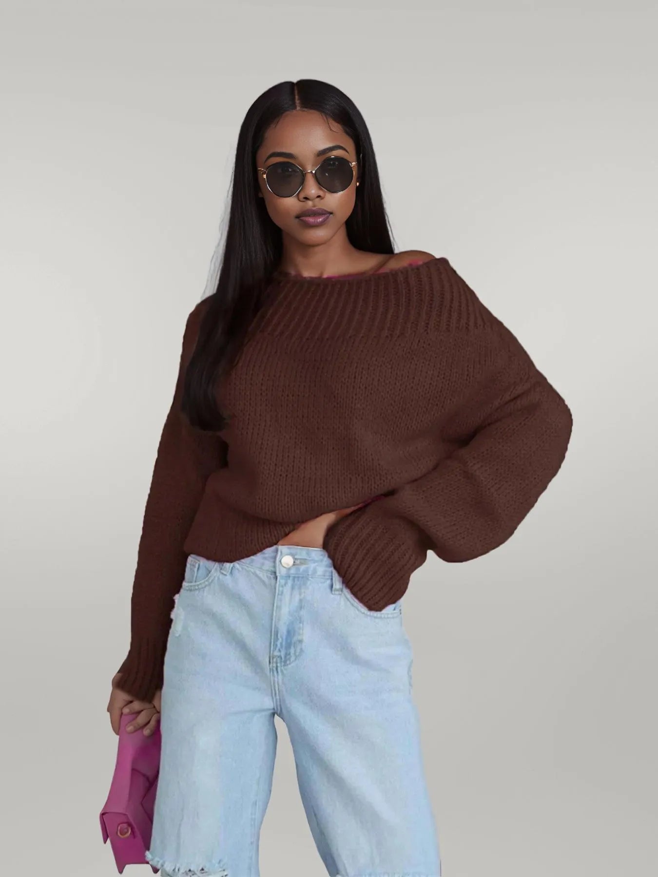 Boat Neck Drop Shoulder Sweater Coffee Brown