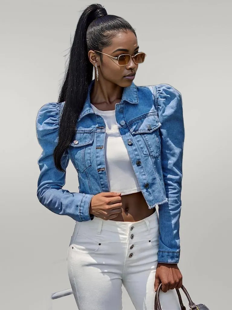 Button Down Raw Hem Cropped Denim Jacket