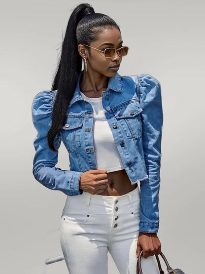 Button Down Raw Hem Cropped Denim Jacket