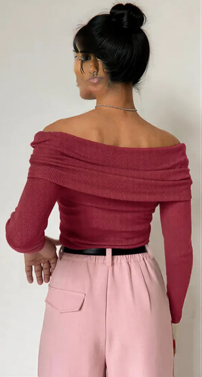Off-Shoulder Long Sleeve Knit Top