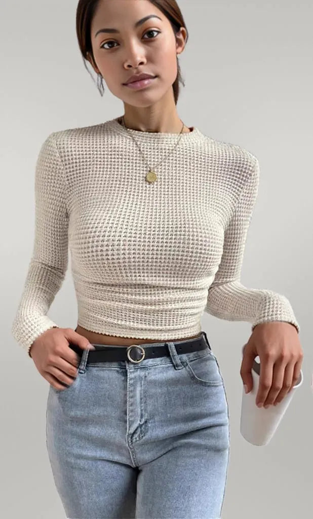 Waffle Knit Long Sleeve T-Shirt Beige