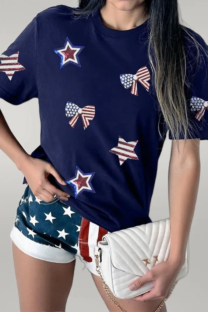 Sequin Star Round Neck Short Sleeve T-Shirt