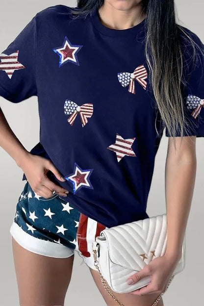 Sequin Star Round Neck Short Sleeve T-Shirt