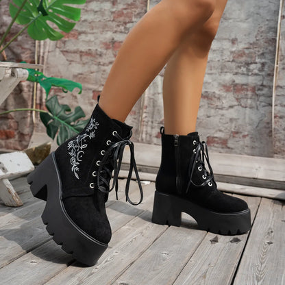 Floral Embroidered Platform Combat Boots