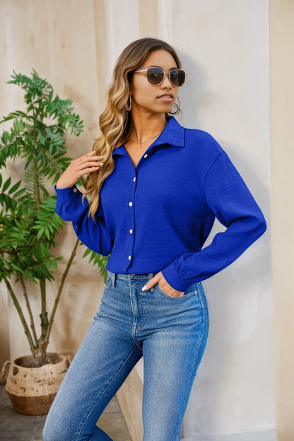 Collared Neck Buttoned Long Sleeve Shirt