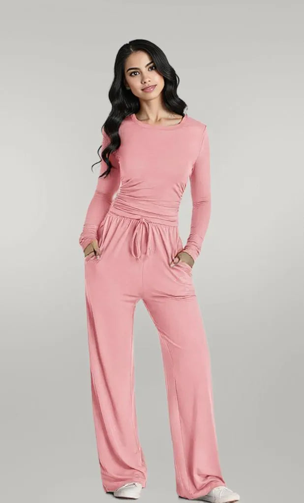 Round Neck Long Sleeve Top and Pants Set Pink
