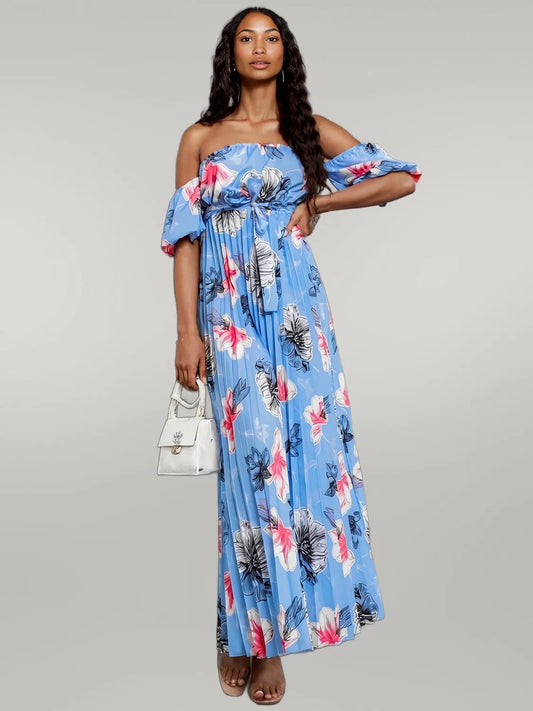 Pleated Floral Off-Shoulder Short Sleeve Midi Dress Sky Blue