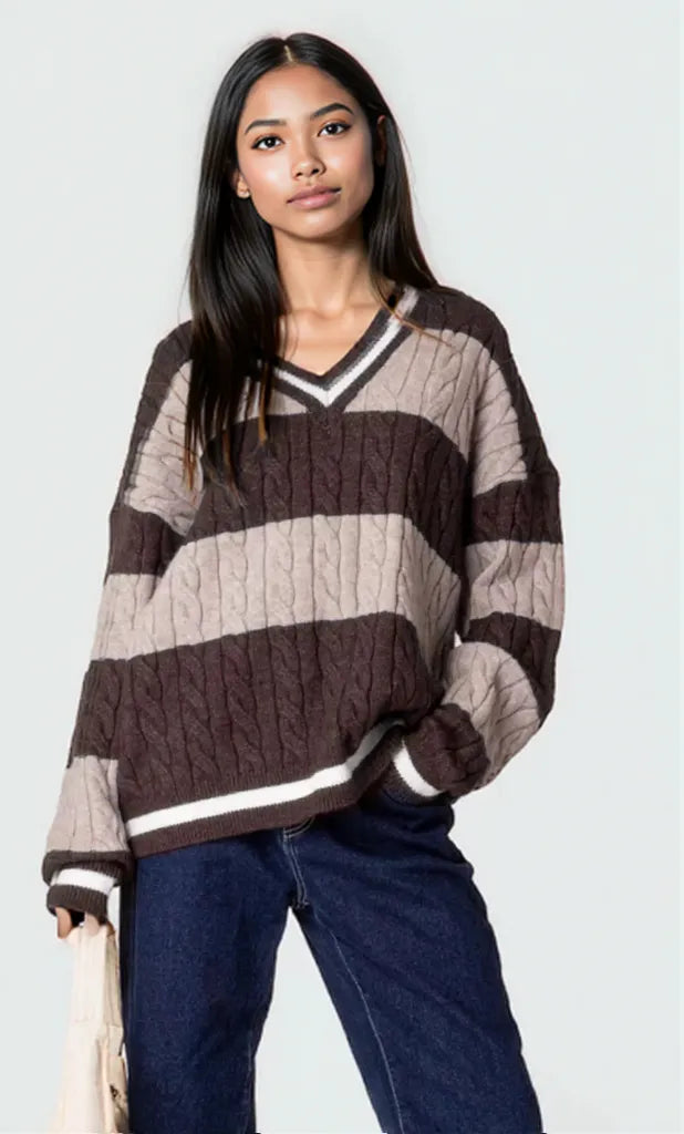 Striped Cable Knit V-Neck Sweater