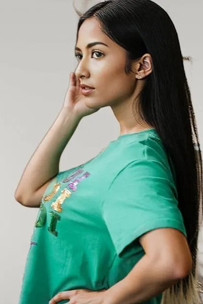 Sea Green Sequin Mardi Gras Letter Graphic T Shirt