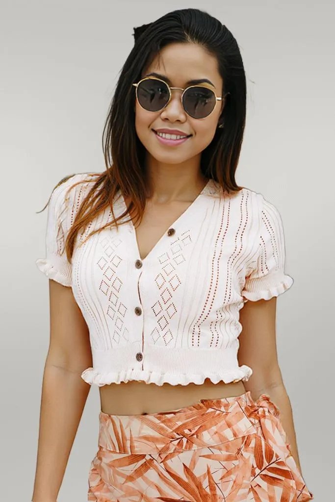Buttoned Frill Hem Cropped Knit Top White One Size