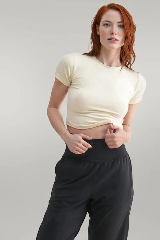 MONO B Essential Micro-ribbed Cropped Athleisure Tee NATURAL