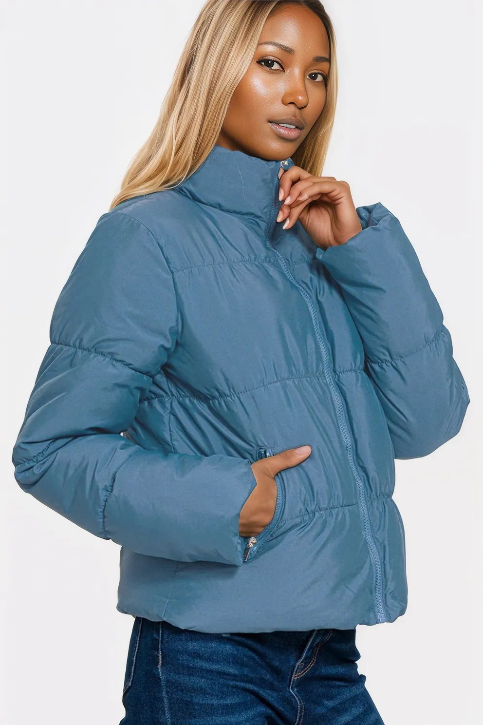 Zenana Zip Up Turtleneck Puffer Jacket with Pockets