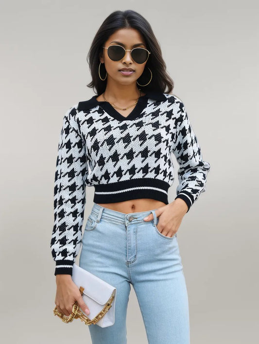 Houndstooth Johnny Collar Cropped Sweater