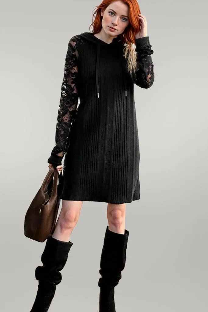 Lace Patchwork Long Sleeve Hooded Dress