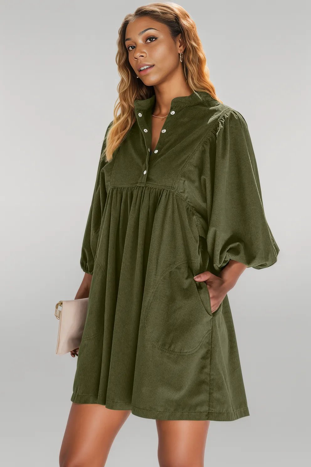 Vineyard Green Corduroy Snap Buttons Empire Waist Bracelet Sleeve Dress - Dresses/Mini Dresses - Dear - Lover