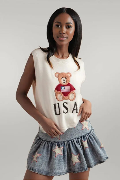 SO ME Teddy Bear Wearing An American Flag With Usa Embroidered Sweater Vest IVORY