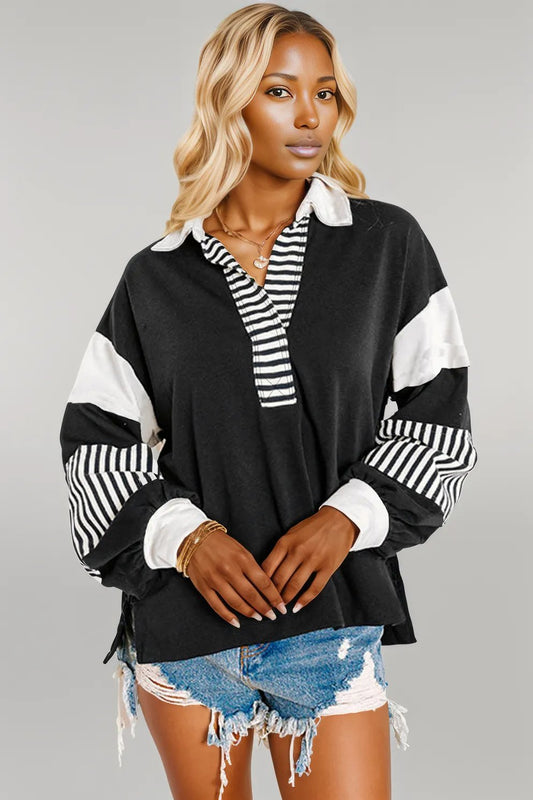 Black Striped Colorblock Patchwork Collar Sweatshirt Black 50%Polyester+50%Cotton