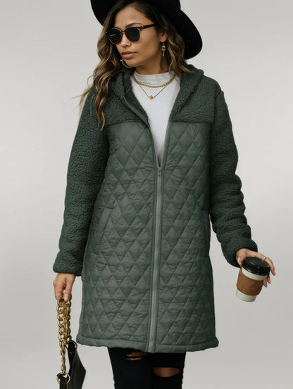 Texture Zip Up Long Sleeve Hooded Coat Army Green