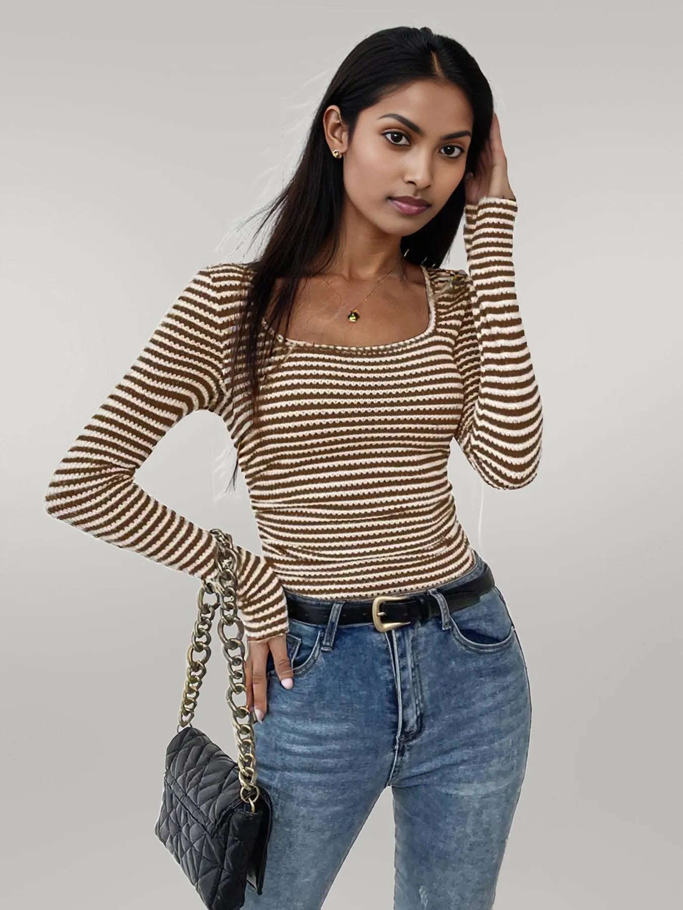 Striped Square Neck Long Sleeve T-Shirt
