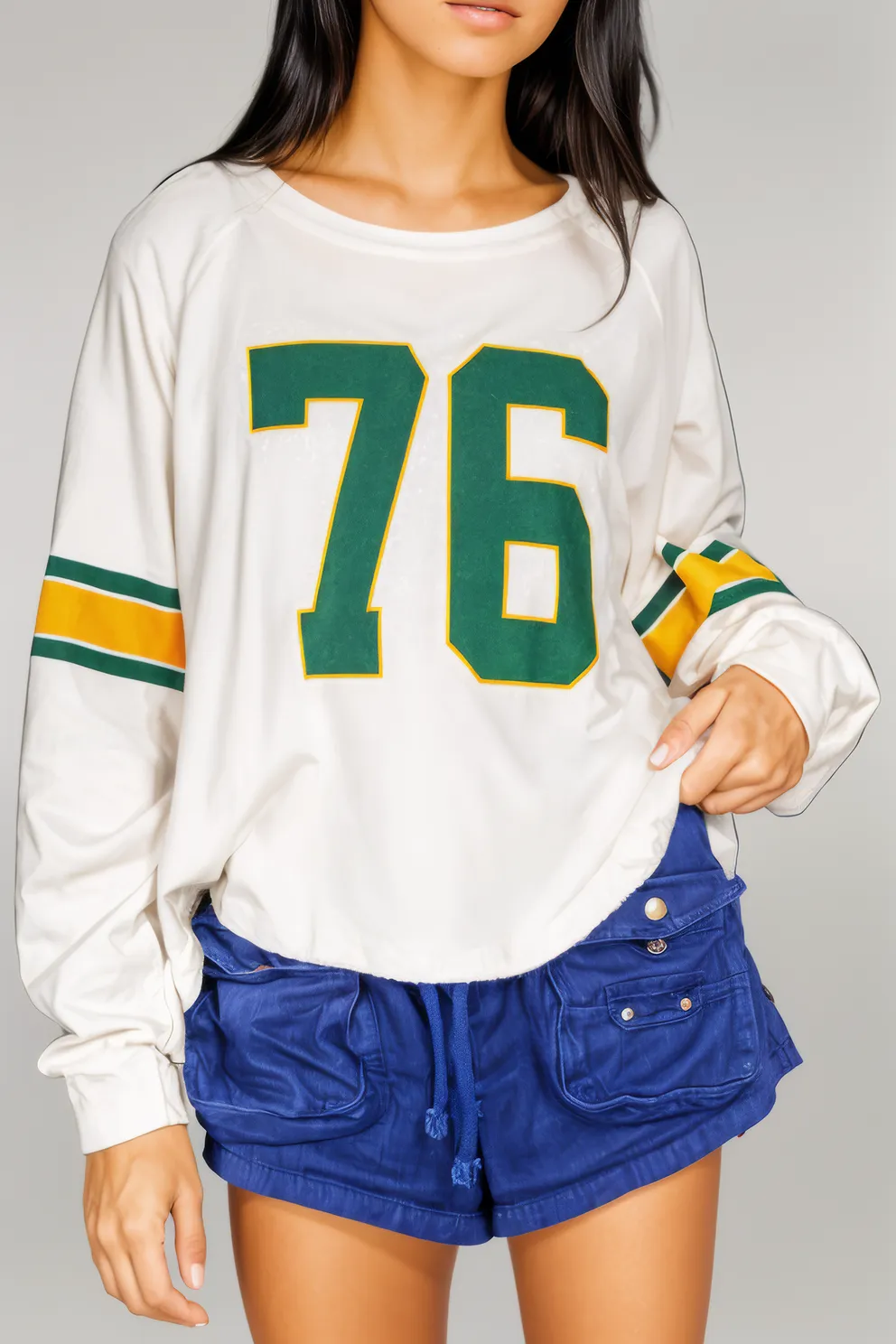 White Number 76 Printed Retro Sporty Long Sleeve Top