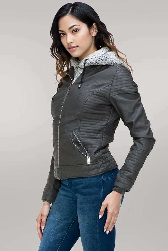 YMI Faux Layered Double-Zipper Jacket with Fuzzy Hood