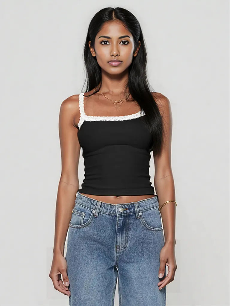 Lace Detail Cropped Cami Black