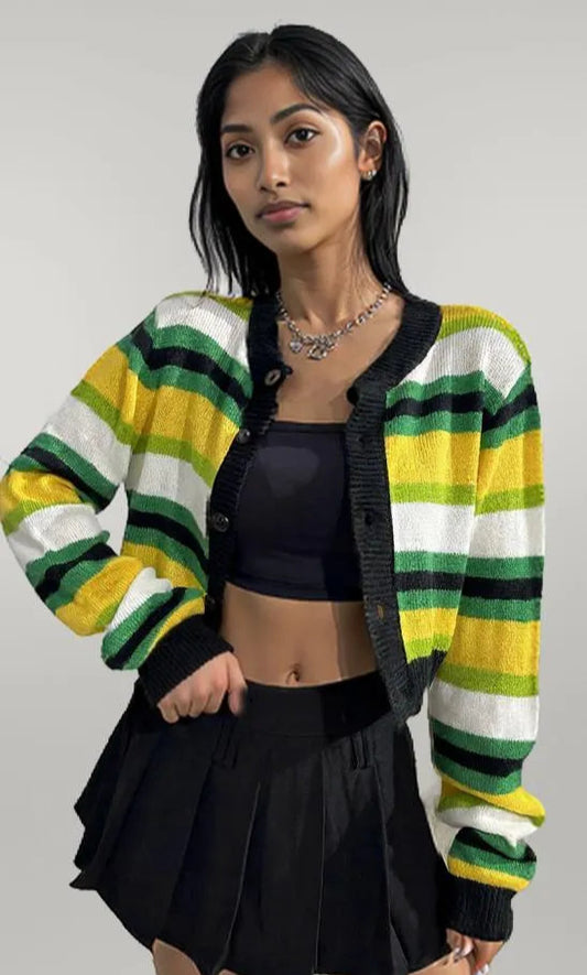 Striped Button Up Contrast Cropped Cardigan Green