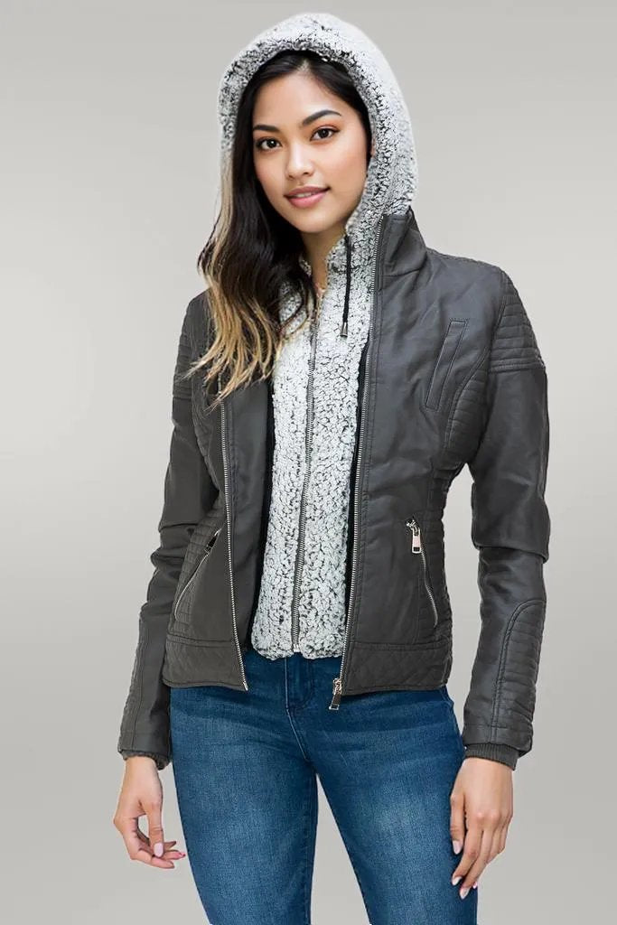 YMI Faux Layered Double-Zipper Jacket with Fuzzy Hood Charcoal