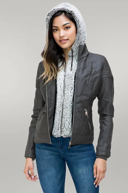 YMI Faux Layered Double-Zipper Jacket with Fuzzy Hood Charcoal
