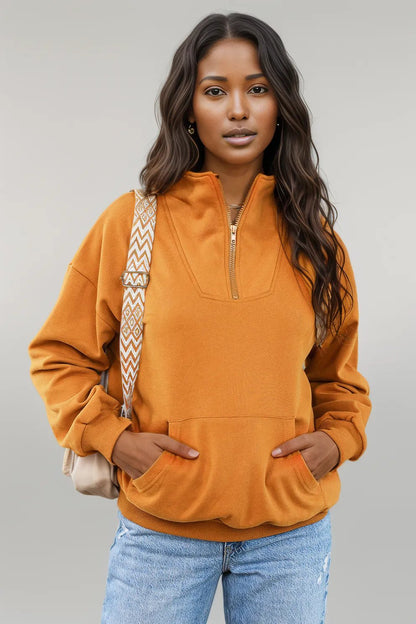 Quarter Zip Dropped Shoulder Sweatshirt Caramel