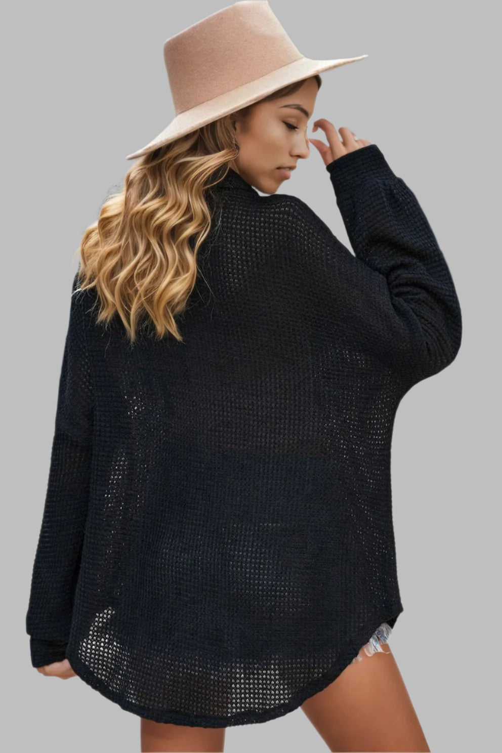 Waffle-Knit Collared Neck Dropped Shoulder Shirt