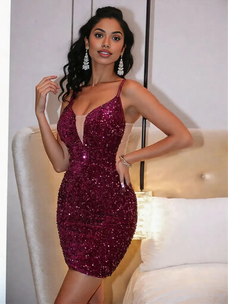 Lace-Up Sequin Plunge Sleeveless Dress
