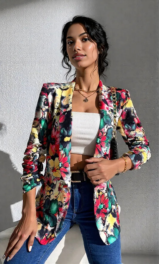 Vibrant Floral Print Open Front Blazer Floral