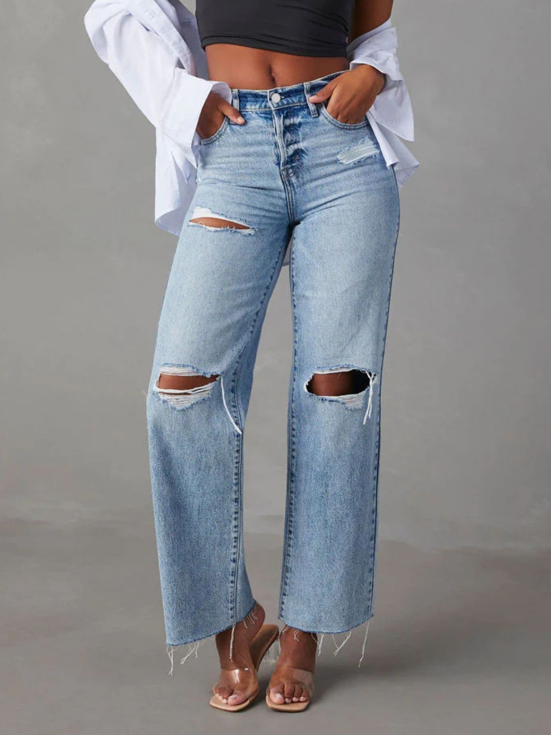 Distressed Straight Leg Jeans with Pockets Light